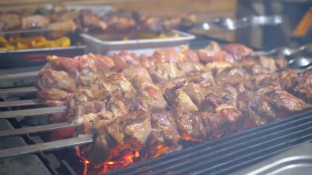 Shish Kebab Cooked on the Grill on the Street Market — Stock Video