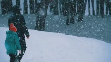 Baba ve kızı yürüyüş bir çam ormanı içinde kar kar yağışı sırasında vardır. Ağır çekim