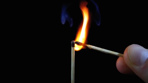 Zündhölzer und Flamme auf schwarzem Hintergrund entzündet und erlischt dann, wobei eine Menge Rauch entsteht — Stockvideo