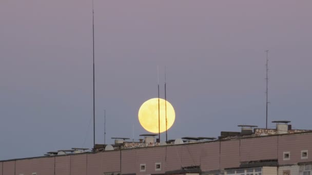 Grote volle maan boven het dak van een gebouw Multistory gaat omhoog — Stockvideo