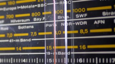 Retro radyo analog ölçeği ile şehirler, radyo istasyonları ve frekans adlarını ayarlama