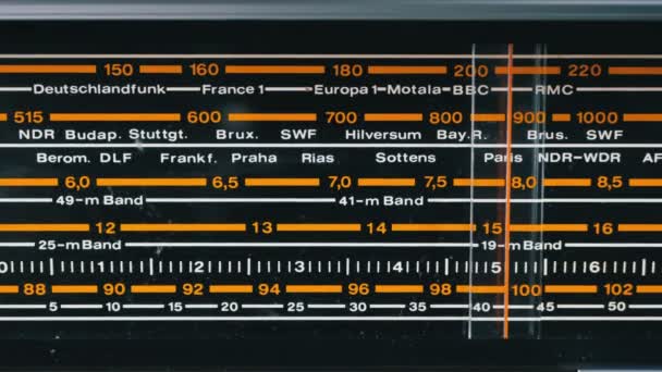 Tuning Analog skala av Retro Radio med namnen på städer, radiostationer och frekvens — Stockvideo