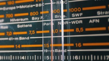 Retro radyo analog ölçeği ile şehirler, radyo istasyonları ve frekans adlarını ayarlama