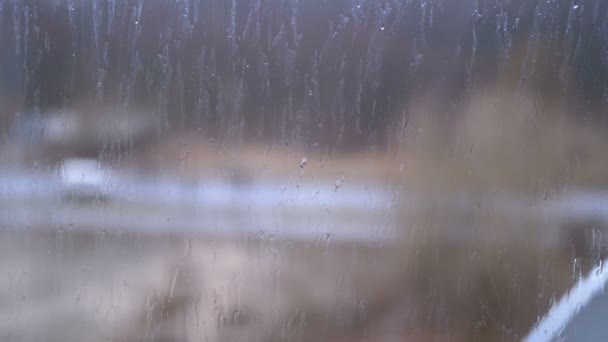 Llueve fuera de la ventana. Gotas de lluvia fluyen por el vidrio — Vídeo de stock