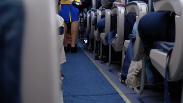 Пасажири в салоні пасажирських літаків сидять на стільцях під час польоту — стокове відео