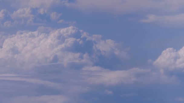 El avión de pasajeros vuela en el cielo por encima de las nubes — Vídeos de Stock