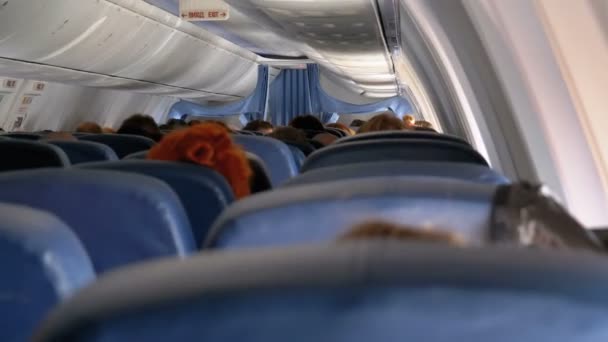 Pasajeros dentro de la cabina de los aviones de pasajeros sentados en las sillas durante el vuelo — Vídeo de stock
