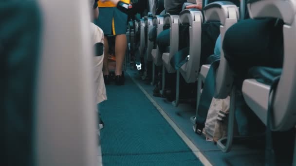 Passagers à l'intérieur de la cabine de l'aéronef de passagers assis sur les chaises pendant le vol — Video