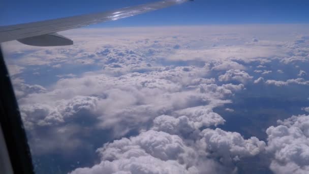 View from the window of the plane at the clouds. Wing of an airplane flying above the clouds — Stock Video