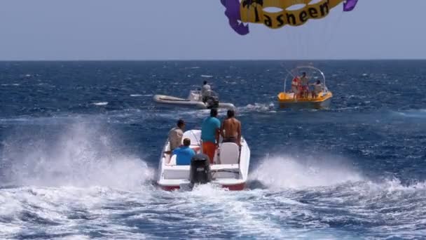 Parasailing. Människor på motorbåtar seglar på vågorna i Röda havet i Egypten — Stockvideo