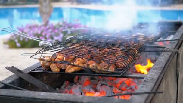 Los kebabs de pollo son cocinados en una parrilla grande por un cocinero en el hotel junto a la piscina con agua azul. Egipto — Vídeo de stock