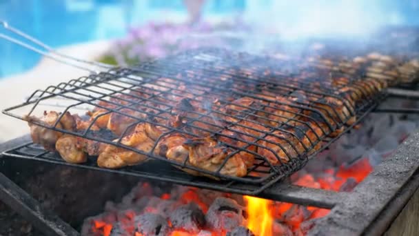 Barbacoa de pollo se cocinan en una parrilla grande por un cocinero en el hotel junto a la piscina con agua azul. Egipto — Vídeos de Stock