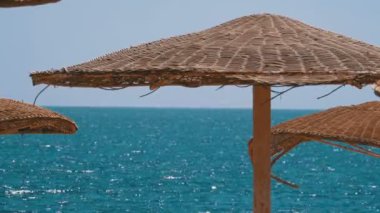 Mısır'da Boş Plajda Denizin Arka Planı Şemsiyeleri