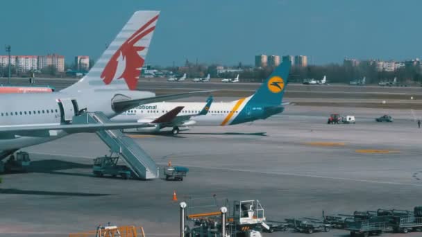 Vista della pista dell'aeroporto con velivoli e personale di supporto — Video Stock