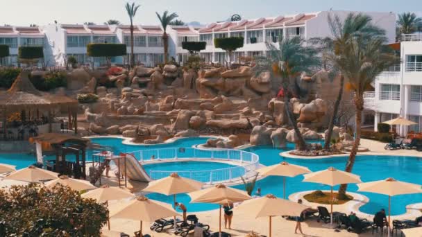 Sunny Hotel Resort με πολυτελή γαλάζια πισίνα, ομπρέλες παραλίας και ξαπλώστρες στην Αίγυπτο — Αρχείο Βίντεο