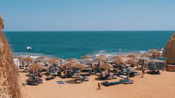 Rotsachtig strand met parasols en ligbedden in Egypte aan de rode zee — Stockvideo