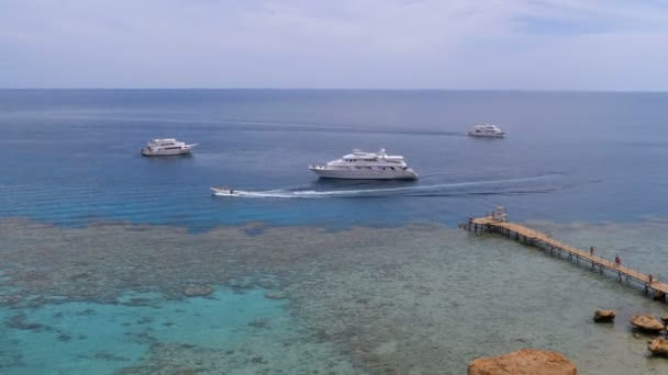 Vue panoramique sur la plage de Corail avec jetée et bateau de plaisance sur la mer Rouge au récif. Égypte . — Video