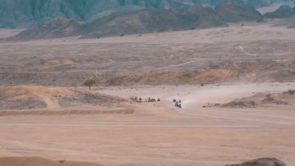 Grupo en Quad Bike Paseos a través del desierto en Egipto en el telón de fondo de las montañas. Conducción de vehículos todo terreno . — Vídeo de stock