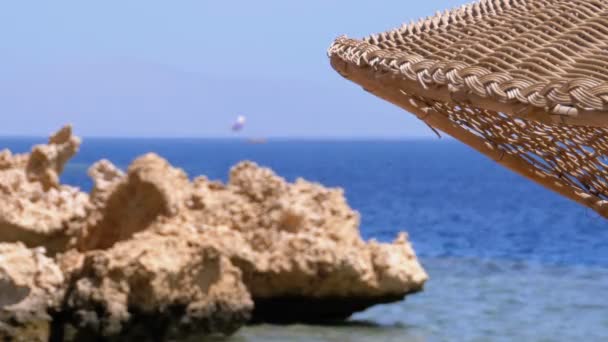 Kızıldeniz'de Mısır'da Kayalar ve Taşlar ile Bir Coral Beach Güneş Şemsiye — Stok video