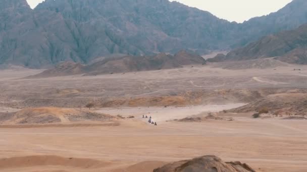 Sloupec čtyřkolky jezdí přes poušť v Egyptě na pozadí hor. Řízení ATVs. — Stock video