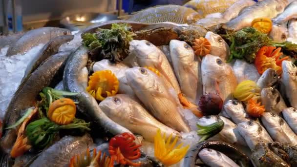 Pescado marino fresco se vende en el mostrador de la tienda en la calle — Vídeos de Stock