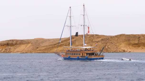 Hermosas velas de yate turístico en el mar Tormentoso en el fondo de Rocas. Egipto — Vídeos de Stock