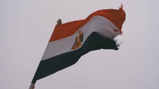 Egyptisk flagga fladdrande på en båt i dåligt väder. Slow motion — Stockvideo