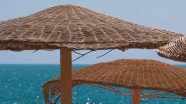 Mısır'da Boş Plajda Denizin Arka Planı Şemsiyeleri