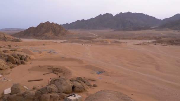 Sloupec čtyřkolky jezdí přes poušť v Egyptě na pozadí hor. Řízení ATVs. — Stock video