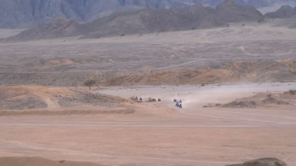 Columna de un Quad Bike Paseos a través del desierto en Egipto en el telón de fondo de las montañas. Conducción de vehículos todo terreno . — Vídeo de stock