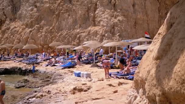 Spiaggia rocciosa in una baia con ombrelloni e lettini in Egitto sul Mar Rosso . — Video Stock