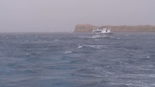 Pleasure Boat with Tourists Sails in the Stormy Sea on the background of Rocks. Egypt — Stock Video