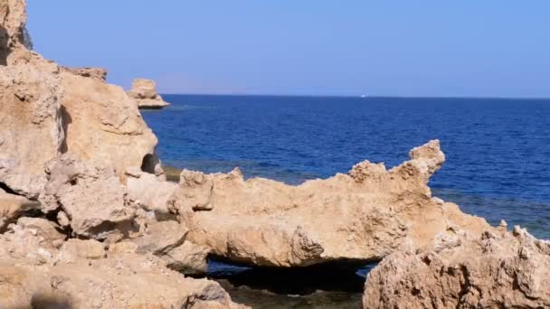 Mercan Resifi yakınlarındaki Cliff ile Kızıldeniz'deki Rocky Plajı. Mısır. Kızıldeniz Kıyısında tatil köyü. — Stok video