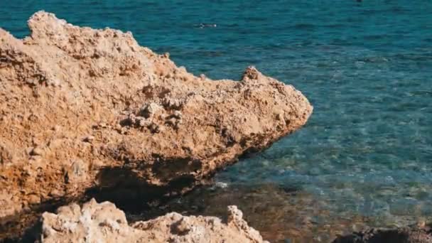 Mercan Resifi yakınlarındaki Cliff ile Kızıldeniz'deki Rocky Plajı. Mısır. Kızıldeniz Kıyısında tatil köyü. — Stok video