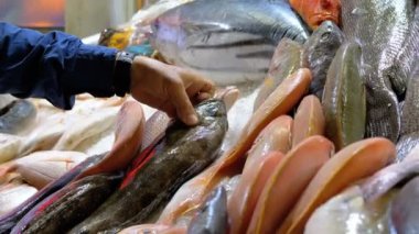 Taze Deniz Ürünleri, Sokak Pazarında Vitrinde Satılan Buzda Farklı Deniz Balıkları