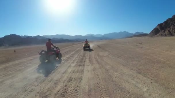 Sexy Frau fährt ein Quad-Fahrrad in der Wüste von Ägypten. Dynamischer Blick in Bewegung. — Stockvideo