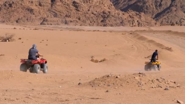 Skupina na čtyřkole jezdí pouští v Egyptě na pozadí hor. Řízení ATVs. — Stock video