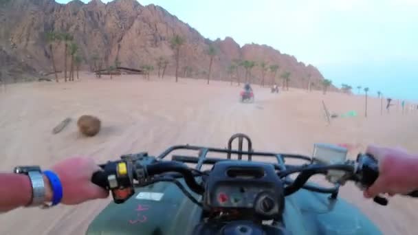 Ridning en quad i öknen i Egypten. Första persons vy. Rider ATV cykel. — Stockvideo