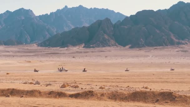 Group on Quad Bike Rides through the Desert in Egypt on backdrop of Mountains. Driving ATVs. — Stock Video