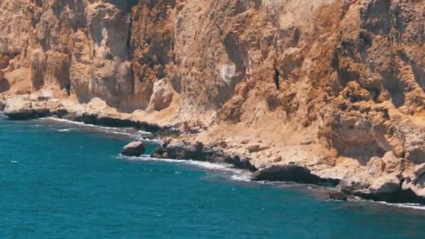 Rocky Beach en Egipto. Playa en una bahía en la costa con olas en el Mar Rojo y arrecifes de coral . — Vídeos de Stock