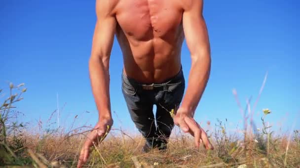 Young Athletic Man with a Bare Torso Performs Push-ups with Claps on Nature. Slow Motion — Stock Video