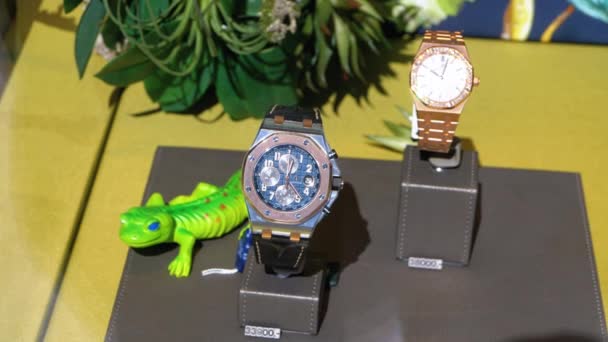 Luxus svájci Wrist Watch a Store Counter az árcédulák — Stock videók