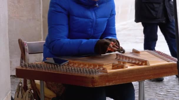 Ο μουσικός του δρόμου παίζει ένα μουσικό όργανο-λαϊκός Τσιμμπαλόμ — Αρχείο Βίντεο