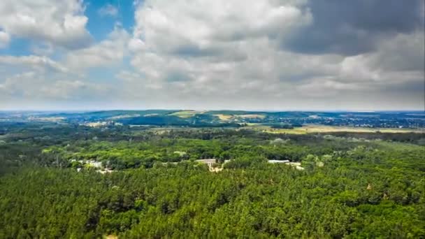 Υπερπαραγραφή εναέρια θέα πάνω από το πράσινο δάσος με κινούμενα σύννεφα στο Blue Sky — Αρχείο Βίντεο