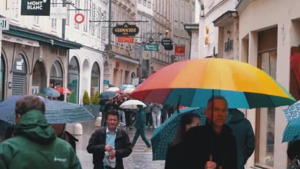 Människor med paraplyer går på gatorna i gamla Salzburg under regnet. Österrike — Stockvideo