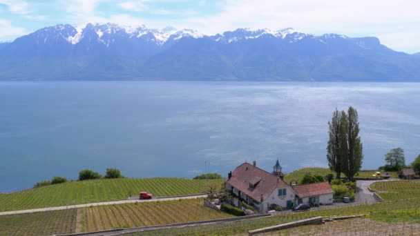 Widok na krajobraz miasta Montreux z szwajcarskimi Alpami i Jeziorem Genewskim, Szwajcaria — Wideo stockowe
