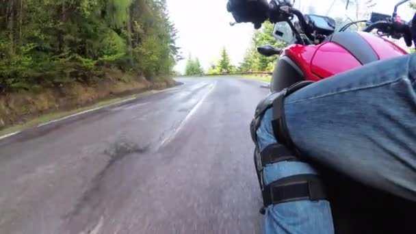 Motorradfahrer fährt auf der malerischen Bergkurvenstraße mit. Seitenansicht. Mehr dazu lesen Sie hier. — Stockvideo