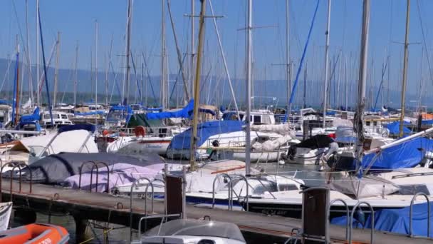 Cenevre Gölü'ndeki Limanda Park Edilmiş Gemiler, Tekneler, Yatlar, İsviçre — Stok video