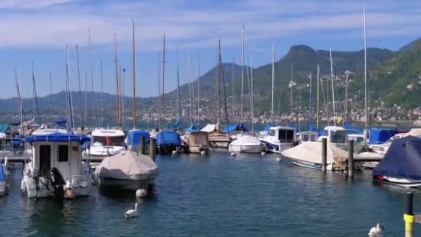 Yates y barcos de recreo estacionados en el puerto del lago de Ginebra, Montreux, Suiza — Vídeos de Stock