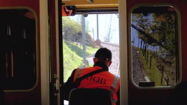 Mountain Train Driver. Wąskotorowa zębata pociąg turystyczny przejazdy w górach. Szwajcaria, Alpy. — Wideo stockowe